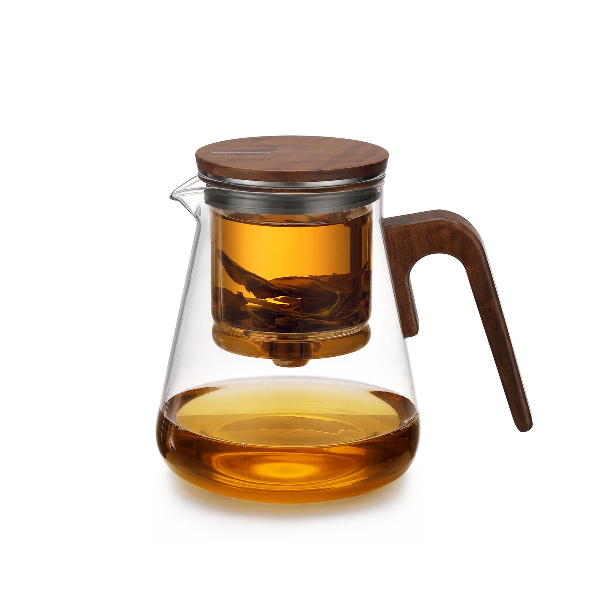 A Gongfu tea pot with a clear glass infuser and a wooden lid with a magnet